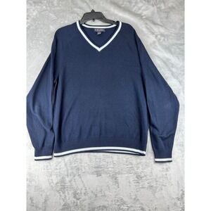 Brooks Brothers Mens Navy V Neck Sweater Size L Cotton Silk Cashmere Blend Trim